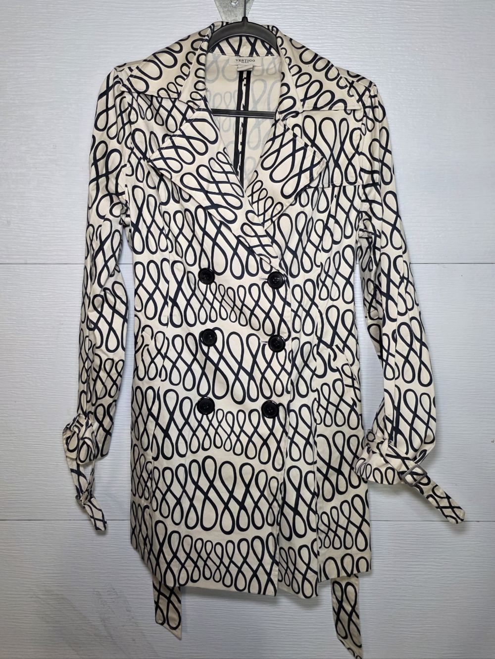 Vertigo Paris Cream and Black Loop-Print Double-Breasted Long Sleeve Jacket